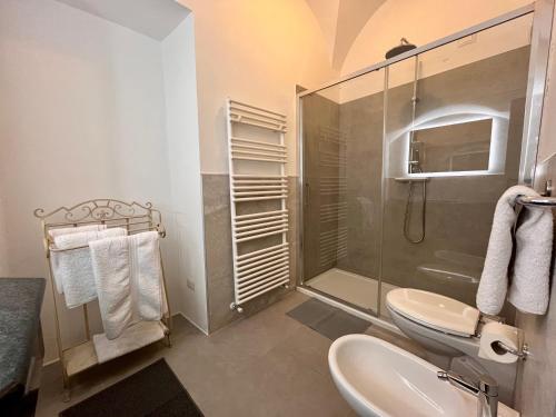 a bathroom with a shower and a sink and a toilet at Vicolo Carate in Gravedona