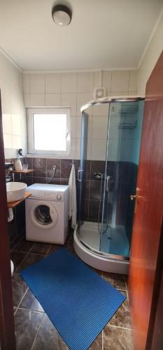 a bathroom with a shower and a washing machine at Emma 2 in Budva