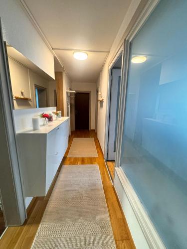 a bathroom with a sink and a counter with a mirror at E&H Appartements in Bregenz