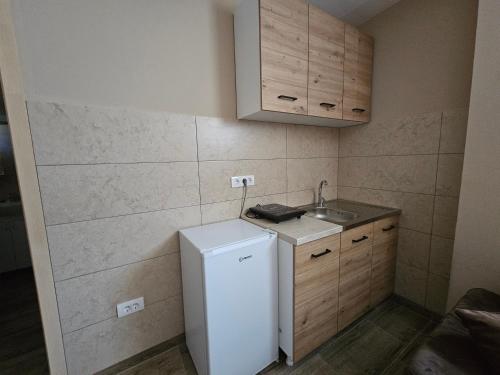 a small kitchen with a sink and a refrigerator at Apartmani Alibi in Kula