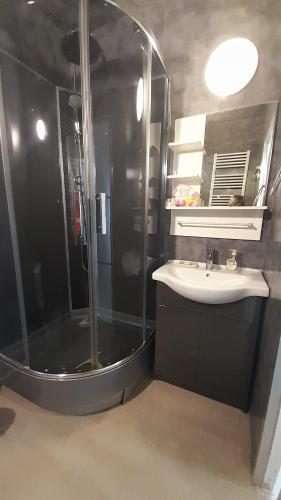 a bathroom with a glass shower and a sink at T2 en duplex spacieux et central in Andernos-les-Bains