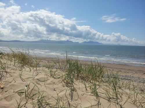 a sandy beach with some grass and the ocean at Craig Eithin B & B in Holyhead
