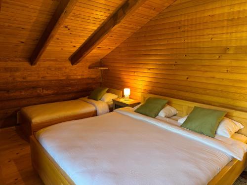 two beds in a room with wooden walls at Pine River Dobrenica in Bihać