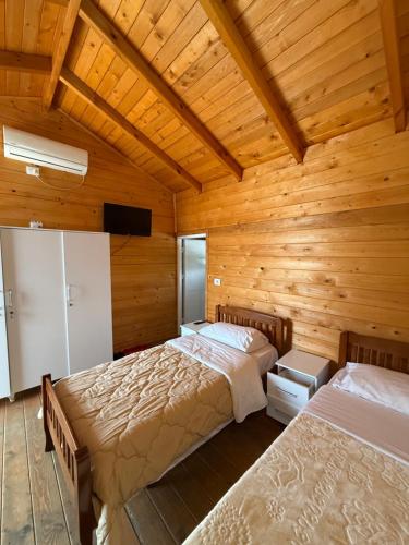 a bedroom with two beds in a wooden room at Riverside Rooms Klos in Klos