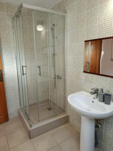 a bathroom with a shower and a sink at la remus 2 in Moieciu de Jos