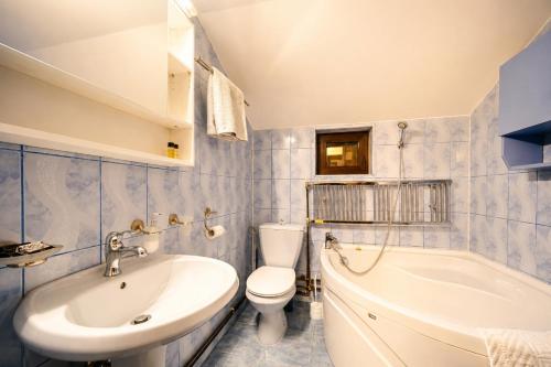 a bathroom with a sink and a toilet and a tub at Casa Valeria Voronet in Voronet