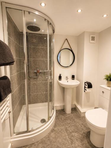 a bathroom with a shower and a toilet and a sink at The Old Smithy in Trefriw