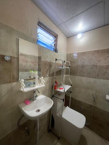 a bathroom with a sink and a toilet and a mirror at Organic Retreats in Pokhara