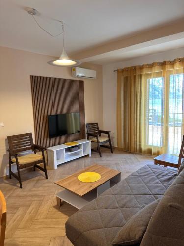 a living room with a couch and a flat screen tv at Capri apartments in Kotor