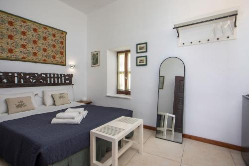 a bedroom with a blue bed and a mirror at Al 583 di Lindos in Lindos