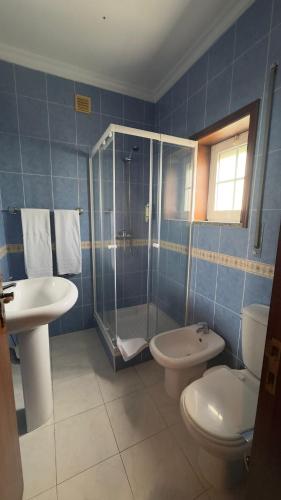 a bathroom with a shower and a toilet and a sink at Hotel Reels - Residencial O TRINDADE in Águeda