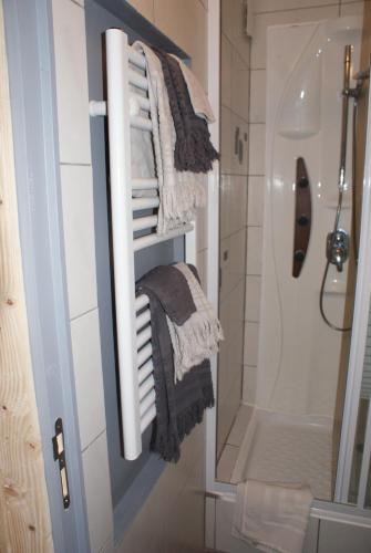 La salle de bains est pourvue d'un sèche-serviettes et d'une douche. dans l'établissement Logicoeur, à Gérardmer