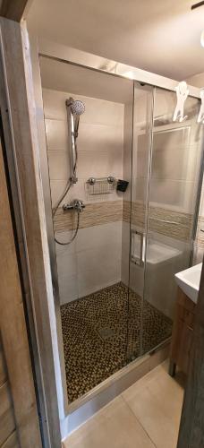 a shower with a glass door in a bathroom at Apartament de'Lux in Żywiec