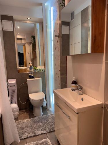 a bathroom with a toilet and a sink and a mirror at Apartament Szafir in Gdańsk