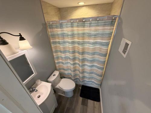 a small bathroom with a toilet and a shower curtain at Ben house in Baltimore