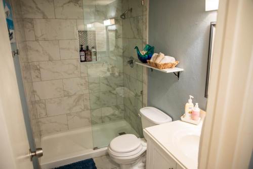 a bathroom with a shower and a toilet and a sink at Mariners Village Tranquil Condo in Seabrook