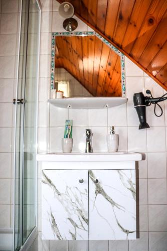 a bathroom with a sink and a mirror at Németh Apartman in Kisapáti