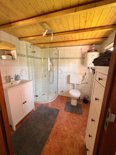 a bathroom with a shower and a toilet and a sink at Bungalow am Hafen in Dierhagen
