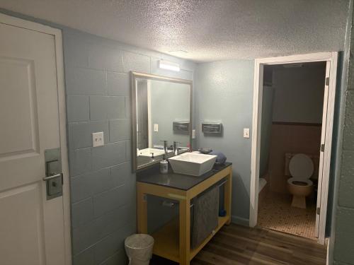 a bathroom with a sink and a mirror at Lamplighter Motel in Longmont