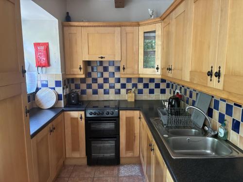 a kitchen with wooden cabinets and a sink and a dishwasher at St Ann's Rossbeigh in Glenbeigh