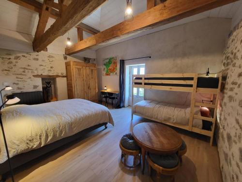 a bedroom with two bunk beds and a table at Naëlo Chartreuse in Biviers