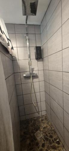 a shower in a bathroom with a tiled wall at Gite chez kinou in Montans