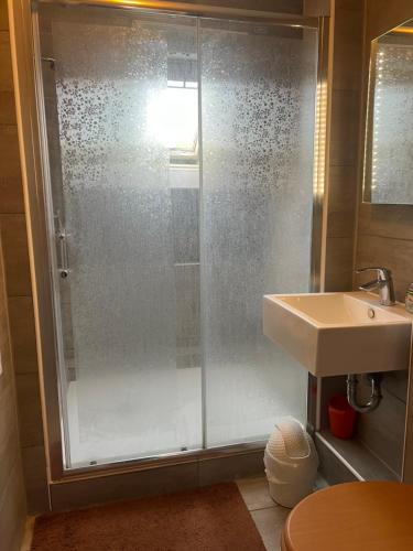 a bathroom with a shower and a sink at Ferienwohnung Sauerländer in Plettenberg