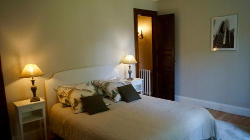 a bedroom with a bed with two lamps on it at Maison Thoumieu in Azereix