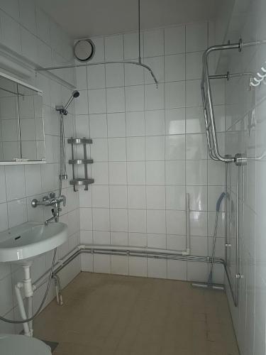 a bathroom with a shower and a sink at Jämsän Kulma in Halli