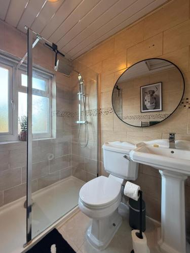 a bathroom with a toilet and a sink and a mirror at Emerald Manor - Free Parking - Free Wifi in Solihull