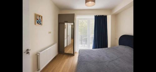 a bedroom with a bed and a window and a mirror at Nerse's Apartment in Borjomi