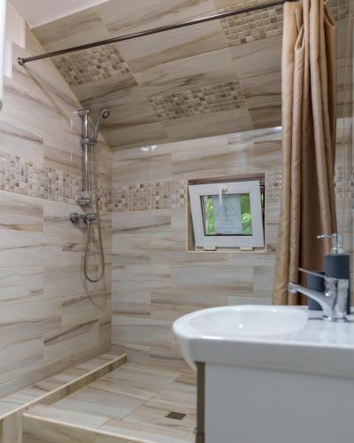 a bathroom with a shower and a white sink at CasaMarinela in Orşova