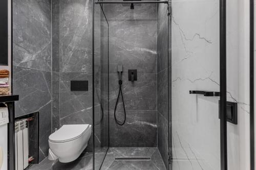 a bathroom with a shower and a toilet at Deribasivska 20 Nice Apartment in Odesa