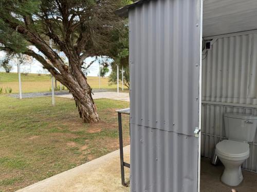 a toilet sitting outside of a building next to a tree at Tranquility Campsite in Winterton