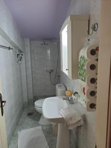 a bathroom with a white toilet and a sink at attic sea view studio in karmiris studios in Zakynthos