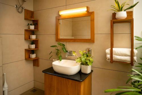 a bathroom with a sink and a mirror and plants at Kaayal Luxury Villa Varkala Private Lakefront Retreat in Varkala