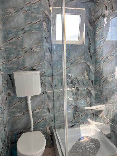a bathroom with a toilet and a shower at Galicia Hill in Boreti