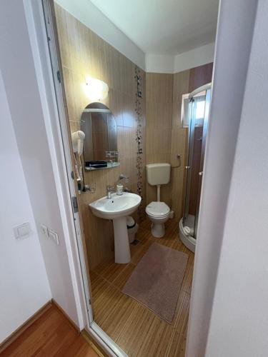 a small bathroom with a sink and a toilet at Casa Visescu in Băile Herculane
