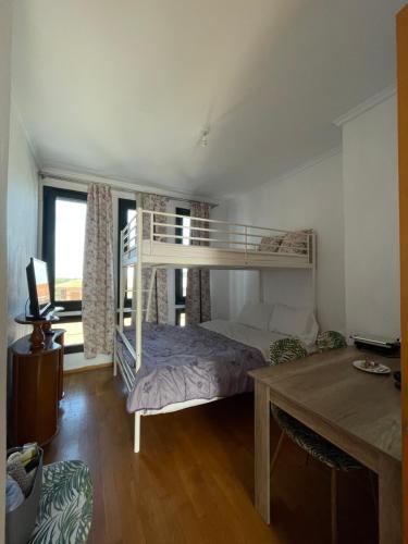 a bedroom with a bunk bed and a desk at Blue House 2 in Paliouri