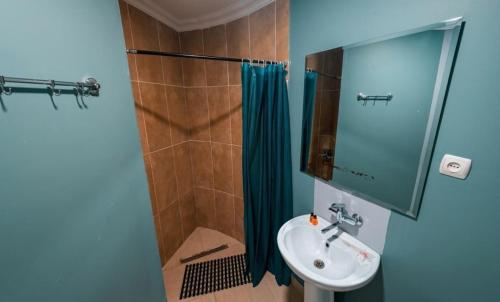 a bathroom with a sink and a shower at Hotel Tsiskari in Ianet'i