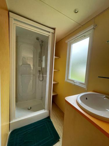 a bathroom with a shower and a sink at Bungalow Neila in Bourbourg