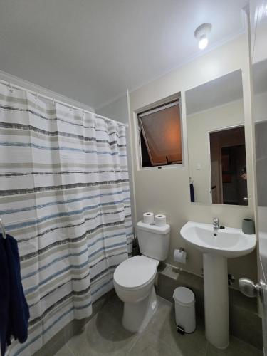 a bathroom with a white toilet and a sink at Casa full equipada con tres camas y se puede habilitar una cuarta cama a solicitud in Antofagasta