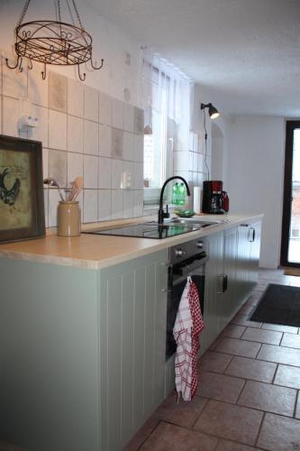 a kitchen with a sink and a stove top oven at Kleine Auszeit Blumenthal in Ferdinandshof
