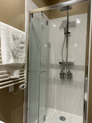 a shower with a glass door in a bathroom at Maison d'hôtes Le Rancher in Teloché