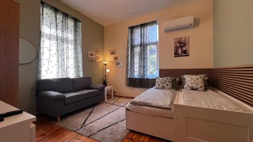 a bedroom with a bed and a couch and windows at Alice house in Sofia