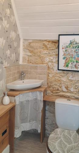 a bathroom with a sink and a toilet at Ty Palms - Maison d'hôtes in Plomodiern