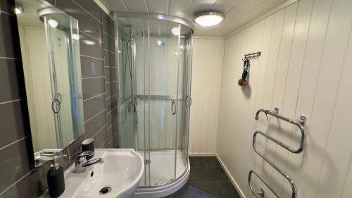 a bathroom with a glass shower and a sink at Salt&Stone in Gryllefjord