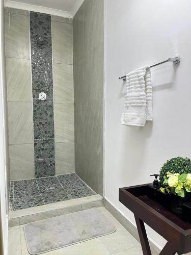 a bathroom with a shower with a glass door at Garden Cottage - Self Catering in Amanzimtoti