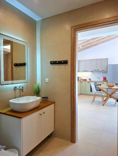 a bathroom with a sink and a mirror at Villa Eleni Apartment no2 in Agios Gordios