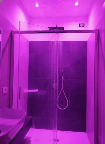 a purple bathroom with a shower with a sink at Hotel Belvedere in Sottomarina